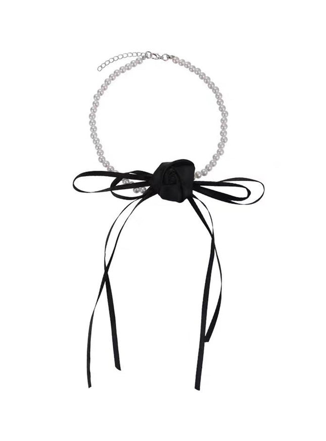 Pearl Rose Ribbon Tie Choker
