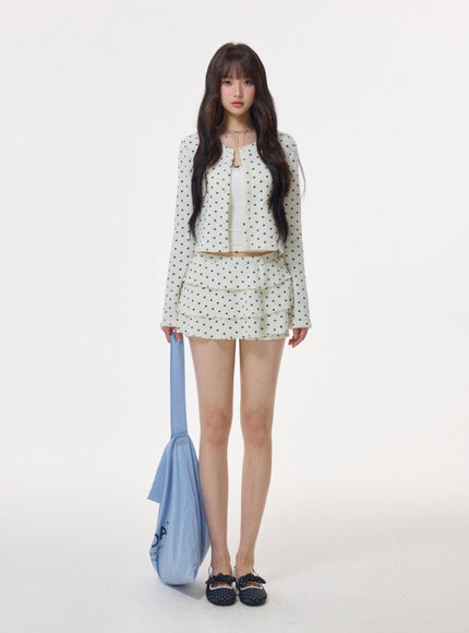 Polka Dot Layered Cardigan Skirt Set