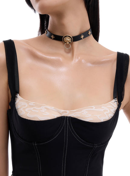 Lion Emblem Leather Choker Necklace