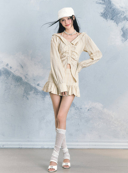 Striped Blouse & Ruffle Mini Skirt Set