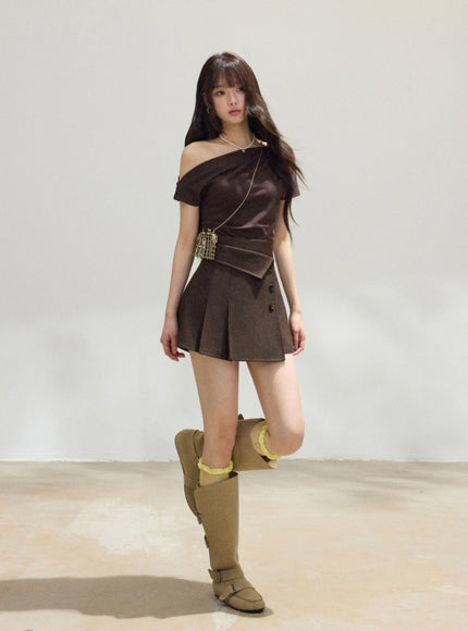 Asymmetrical Off-Shoulder Draped Top - Brown