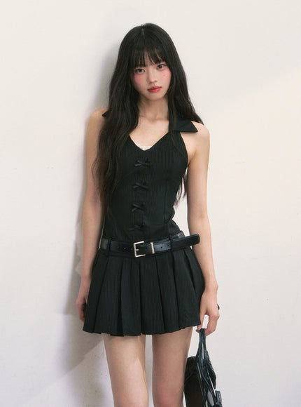 Halter Collar Pleated Mini Dress