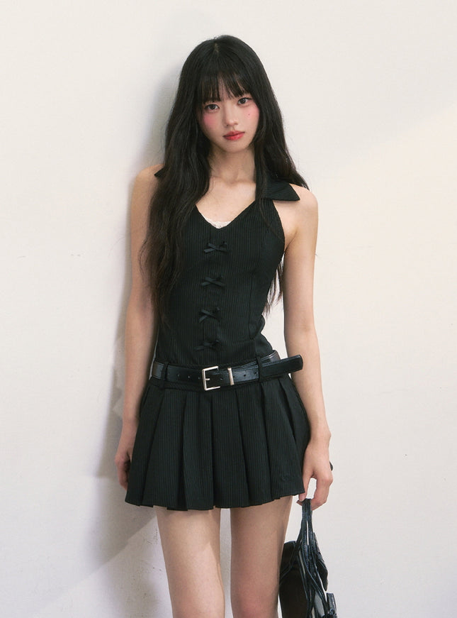 Halter Collar Pleated Mini Dress