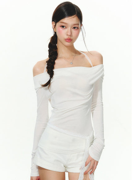 Sheer Off-Shoulder Slim Fit Top