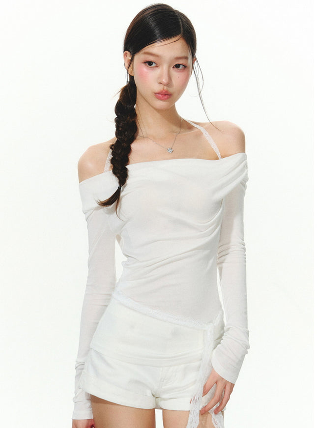 Sheer Off-Shoulder Slim Fit Top