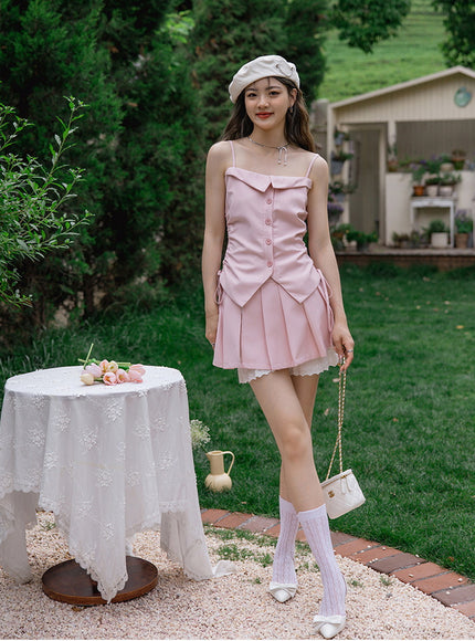Blush Button-Up Camisole and Pleated Skirt Set