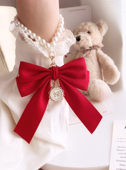 Wine Red Bow & Pearl Bag Charm