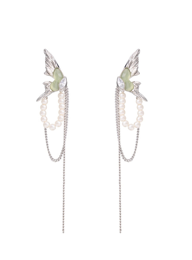 Emerald Butterfly Pearl Drop Earrings