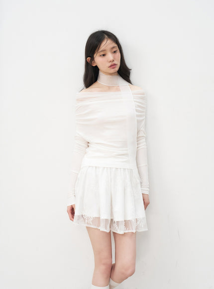 Lace Trim Mesh Mini Skirt