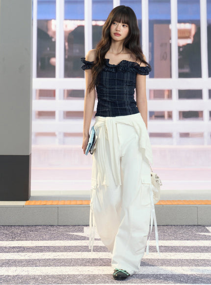 Ruffle Off-Shoulder Plaid Top