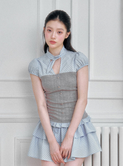 Checked Layered Corset Top & Ruffle Skirt Set