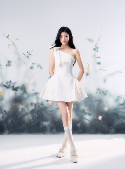 Floral Jacquard One-Shoulder Mini Dress