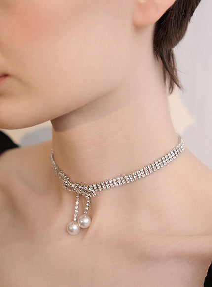Crystal Bow Drop Pearl Choker