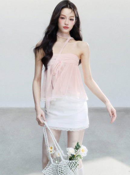 Sheer Ribbon Tie Strapless Blouse