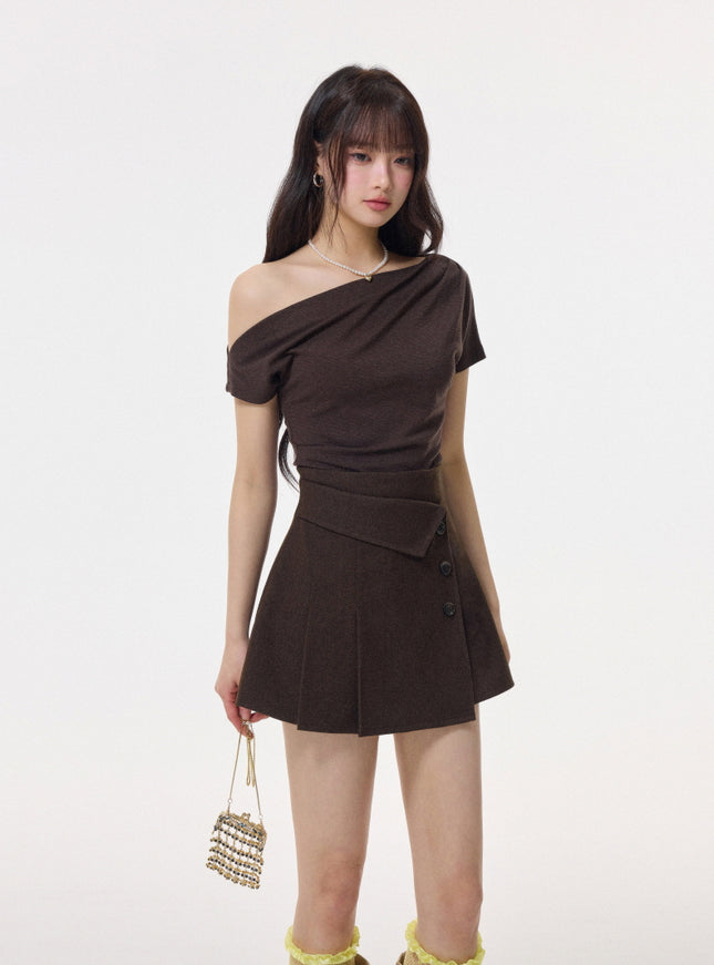 Asymmetrical Off-Shoulder Draped Top - Brown