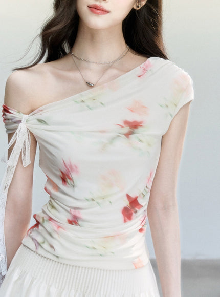 Ruched Floral Asymmetric Top