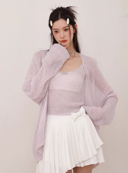 Soft Lilac Sheer Knit Cardigan Set