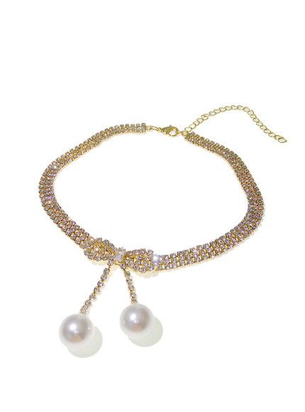 Crystal Bow Drop Pearl Choker