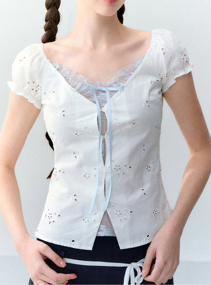 Eyelet Puff Sleeve Ribbon Top - White