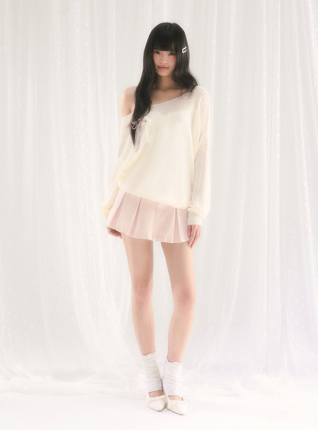 Sheer Ribbon Detail Relaxed Knit Top