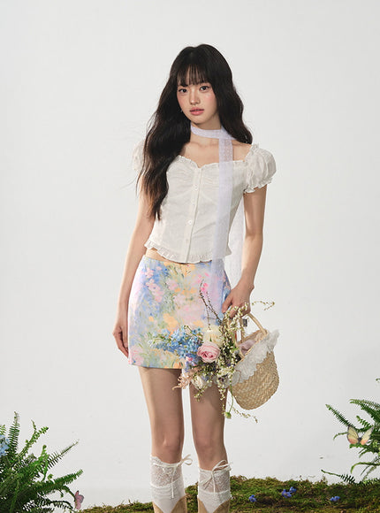 Watercolor Print A-Line Mini Skirt