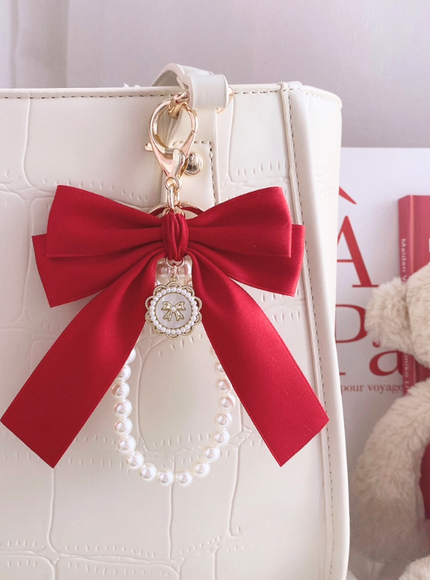 Wine Red Bow & Pearl Bag Charm