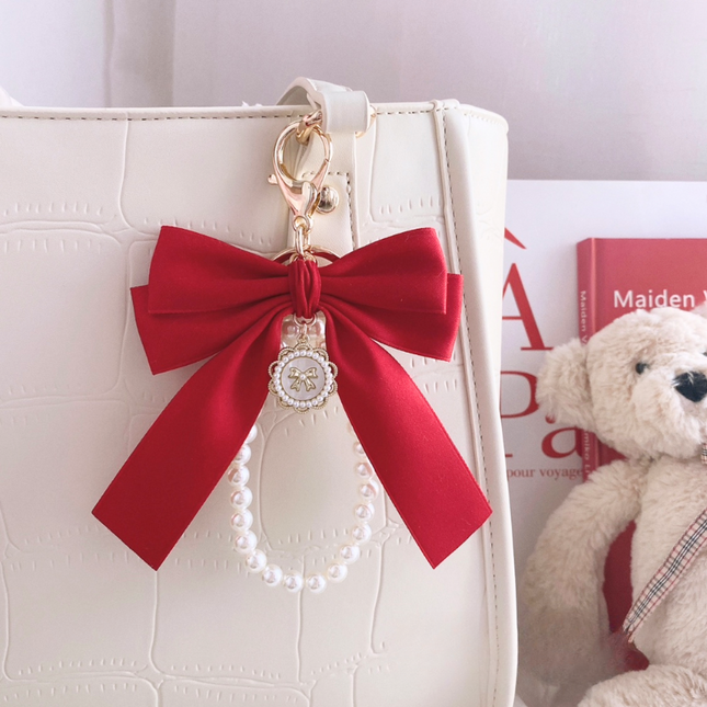 Wine Red Bow & Pearl Bag Charm