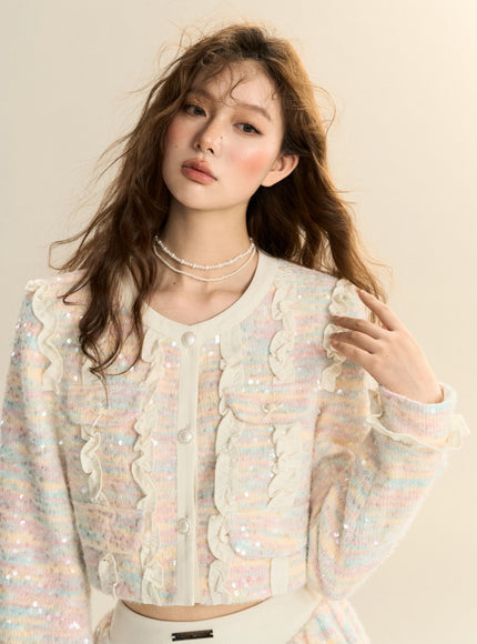 Pastel Tweed Ruffle Two-Piece Set