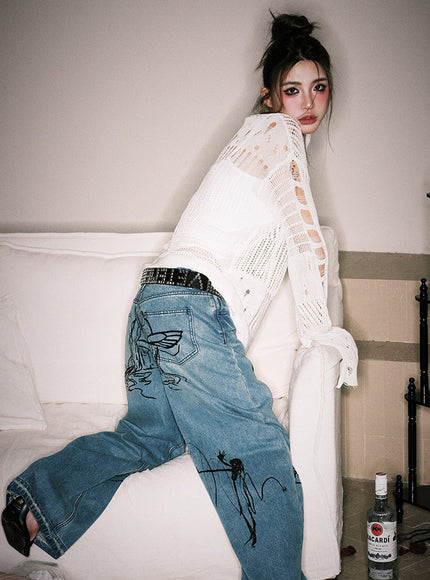 Distressed Open-Knit Sheer Sweater