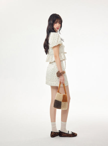 Dotted Linen Puff Sleeve Blouse and Skirt Set