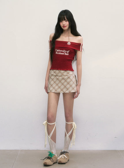 Emblem Off-Shoulder Smocked Top - Red