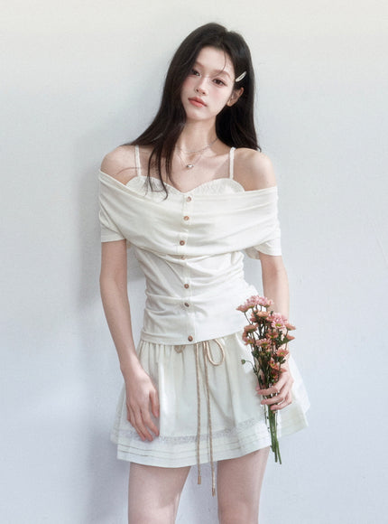 Soft Buttoned Off-Shoulder Top