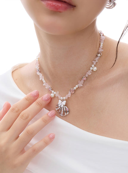 Crystal Bow & Pearl Pink Stone Necklace