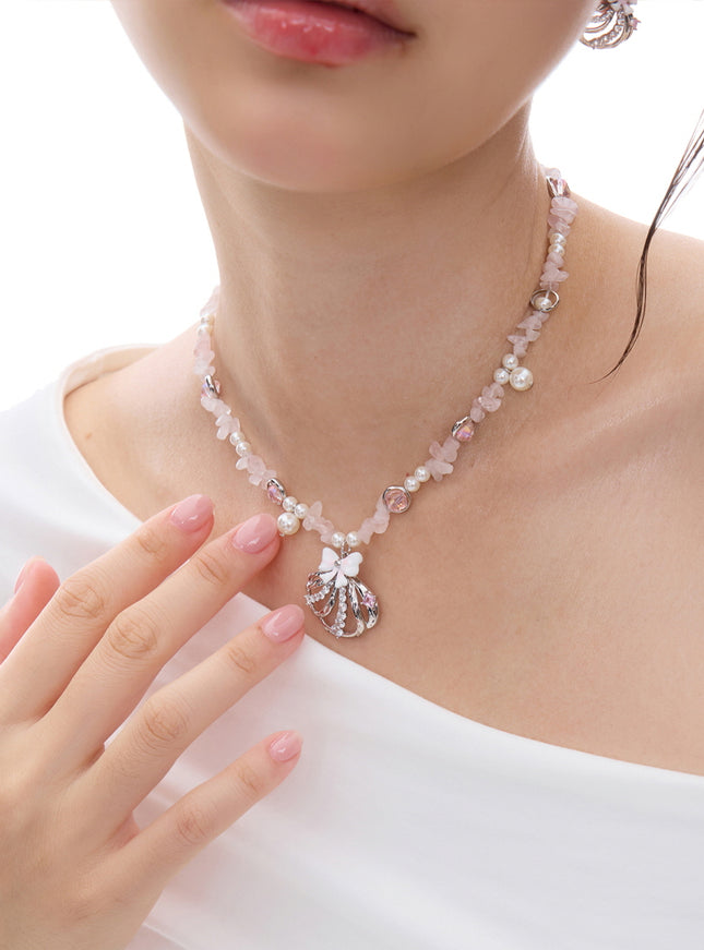 Crystal Bow & Pearl Pink Stone Necklace