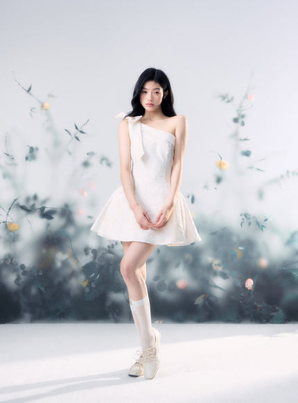 Floral Jacquard One-Shoulder Mini Dress