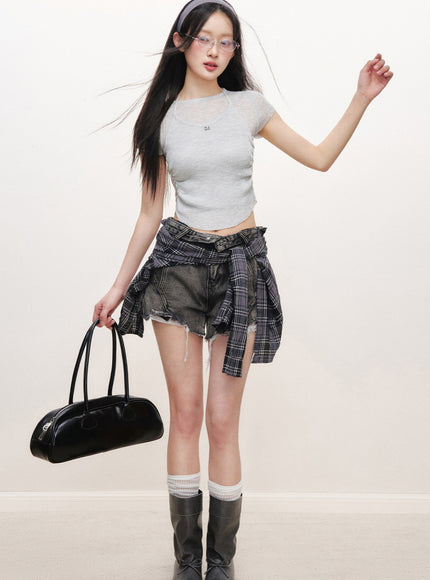 Layered Plaid Wrap Denim Skort