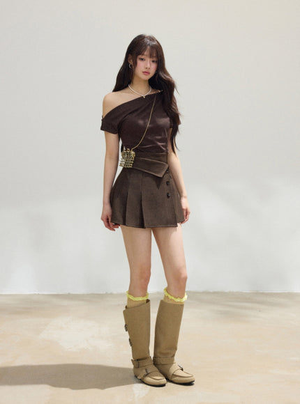 Asymmetrical Off-Shoulder Draped Top - Brown