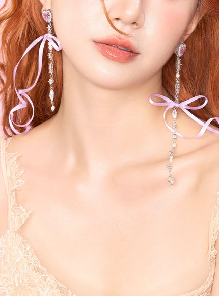 Crystal Heart Bow Pearl Drop Earrings