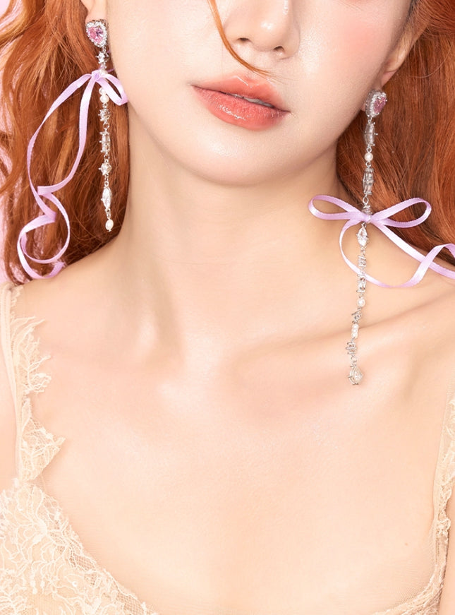 Crystal Heart Bow Pearl Drop Earrings