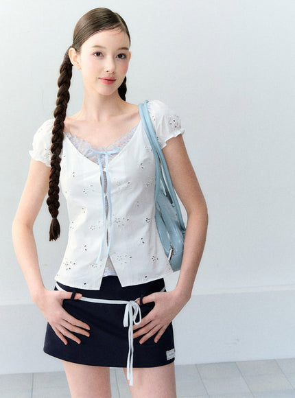 Eyelet Puff Sleeve Ribbon Top - White