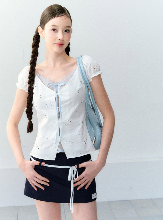 Eyelet Puff Sleeve Ribbon Top - White