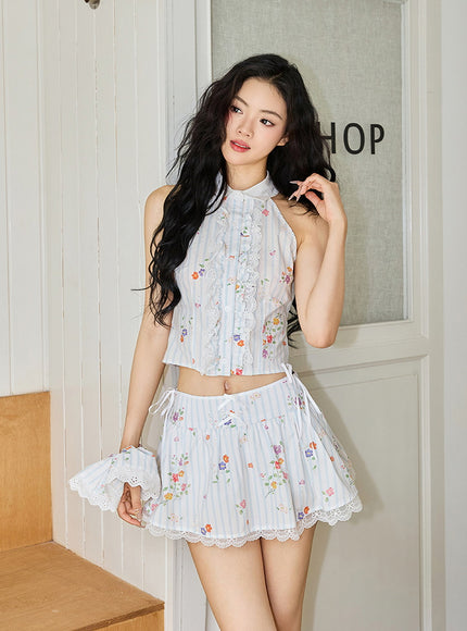 Floral Pleated Crop Top and Skirt Set