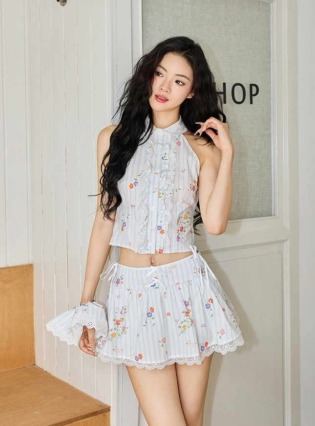Floral Pleated Crop Top and Skirt Set
