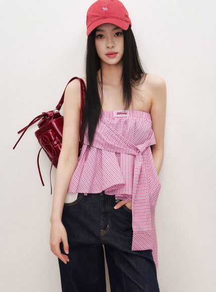 Convertible Gingham Wrap Top