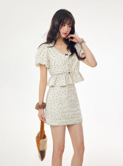Dotted Linen Puff Sleeve Blouse and Skirt Set