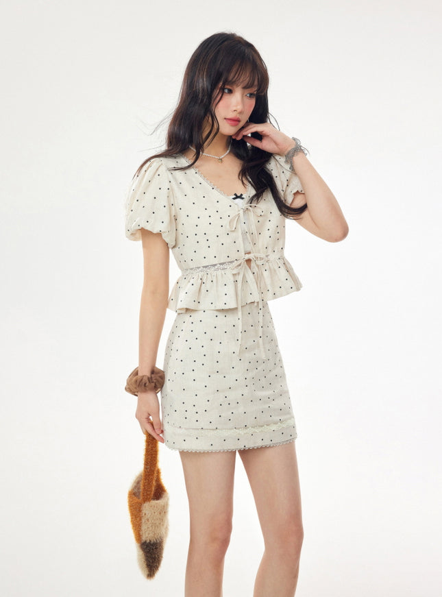 Dotted Linen Puff Sleeve Blouse and Skirt Set