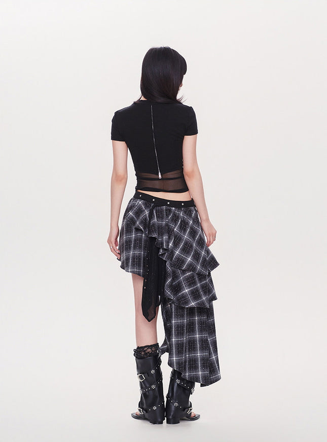 Asymmetrical Plaid Ruffle Mini Skirt