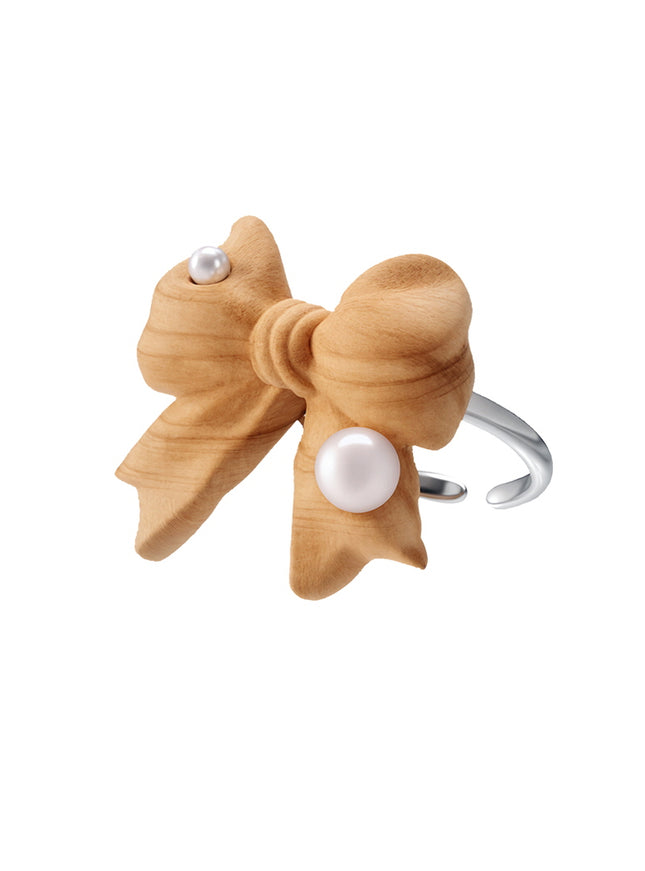 Wooden Bow Pearl Open Ring