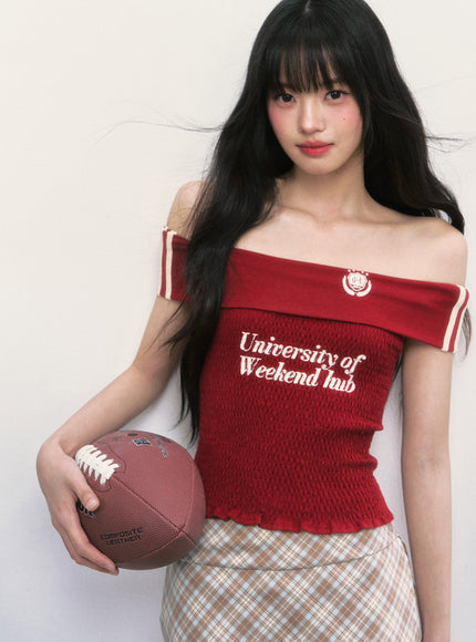Emblem Off-Shoulder Smocked Top - Red