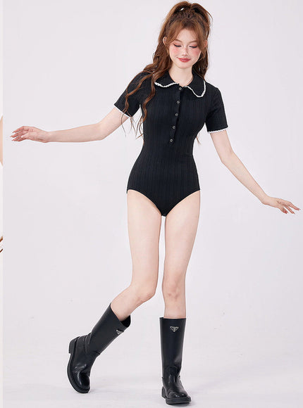 Contrast Trim Ribbed Collar Bodysuit